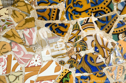 Image of Detail of the ceramics from the Guadi bench in park Guell Barcelona, Spain