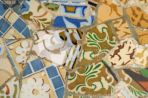 Image of Detail of the ceramics from the Guadi bench in park Guell Barcelona, Spain