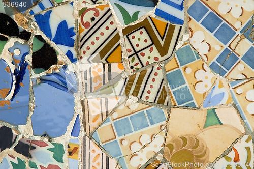 Image of Detail of the ceramics from the Guadi bench in park Guell Barcelona, Spain