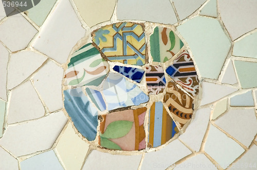 Image of Detail of the ceramics from the Guadi bench in park Guell Barcelona, Spain