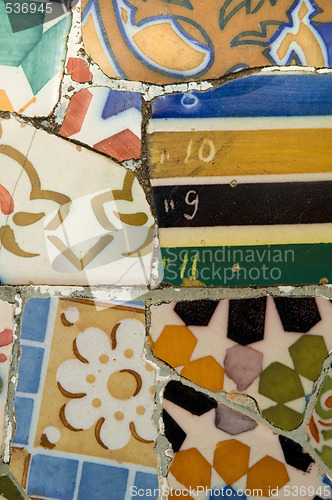 Image of Detail of the ceramics from the Guadi bench in park Guell Barcelona, Spain