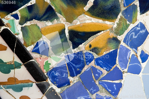 Image of Detail of the ceramics from the Guadi bench in park Guell Barcelona, Spain