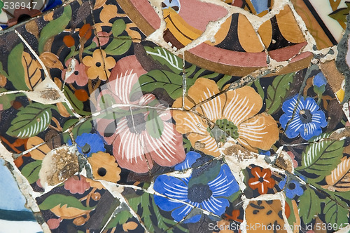 Image of Detail of the ceramics from the Guadi bench in park Guell Barcelona, Spain