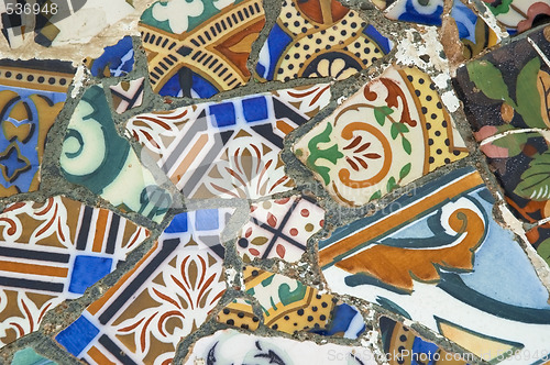 Image of Detail of the ceramics from the Guadi bench in park Guell Barcelona, Spain