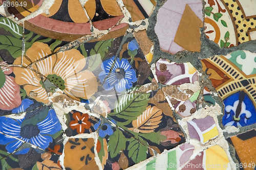 Image of Detail of the ceramics from the Guadi bench in park Guell Barcelona, Spain