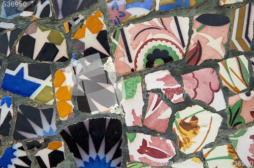 Image of Detail of the ceramics from the Guadi bench in park Guell Barcelona, Spain