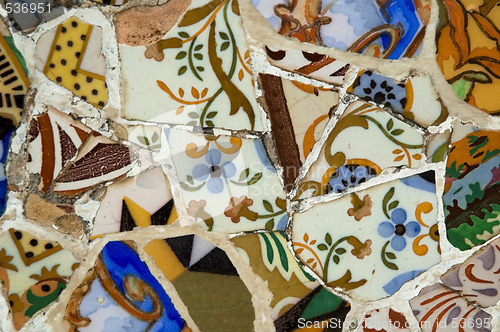 Image of Detail of the ceramics from the Guadi bench in park Guell Barcelona, Spain