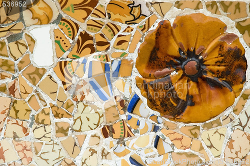 Image of Detail of the ceramics from the Guadi bench in park Guell Barcelona, Spain