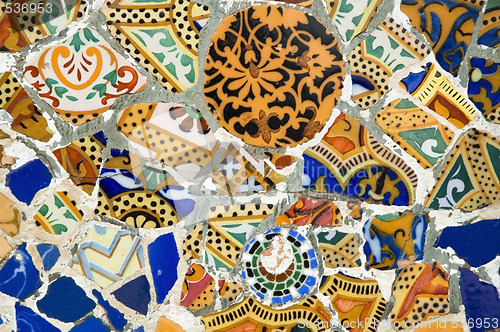 Image of Detail of the ceramics from the Guadi bench in park Guell Barcelona, Spain