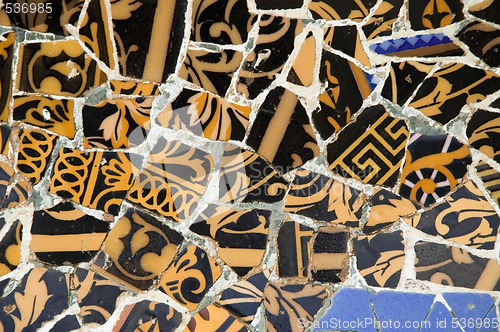 Image of Detail of the ceramics from the Guadi bench in park Guell Barcelona, Spain