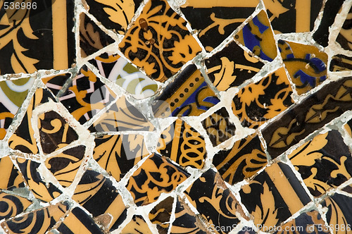 Image of Detail of the ceramics from the Guadi bench in park Guell Barcelona, Spain