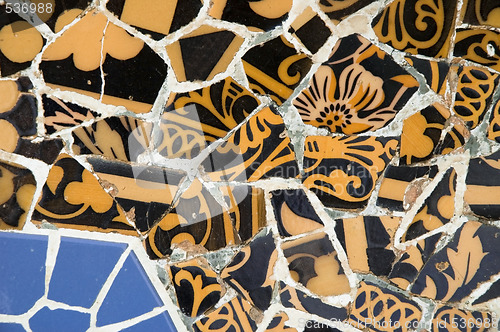 Image of Detail of the ceramics from the Guadi bench in park Guell Barcelona, Spain