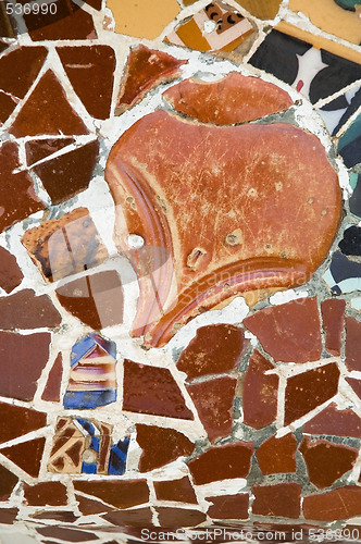 Image of Detail of the ceramics from the Guadi bench in park Guell Barcelona, Spain