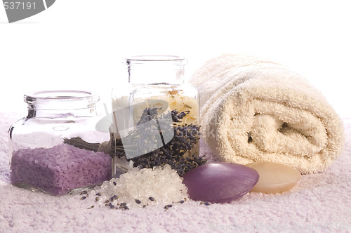 Image of lavender bath items. aromatherapy