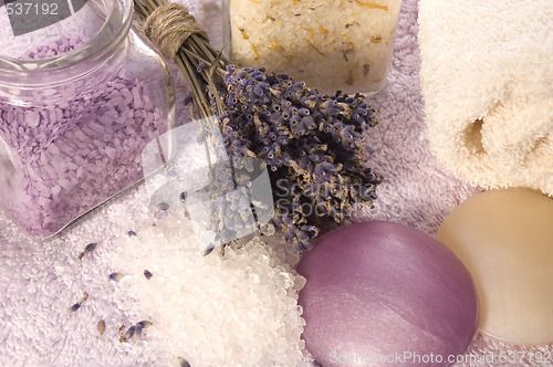 Image of lavender bath items. aromatherapy