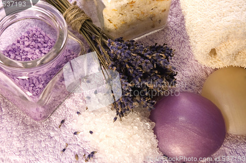 Image of lavender bath items. aromatherapy