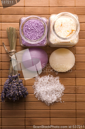 Image of lavender bath items. aromatherapy