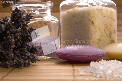 Image of lavender bath items. aromatherapy