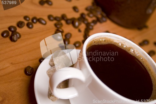 Image of cup of coffee, sugar and beans