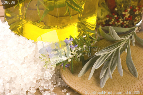 Image of herbs and spices. rosemary, lavender, salt and olive