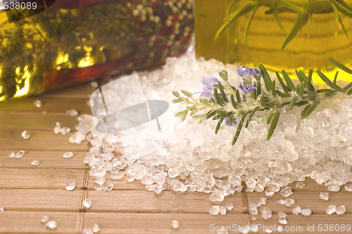 Image of herbs and spices. rosemary, lavender, salt and olive