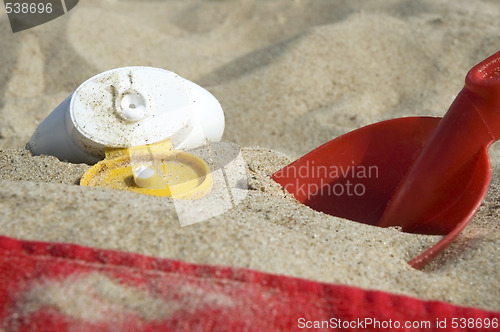 Image of childhood. beach items and sun block