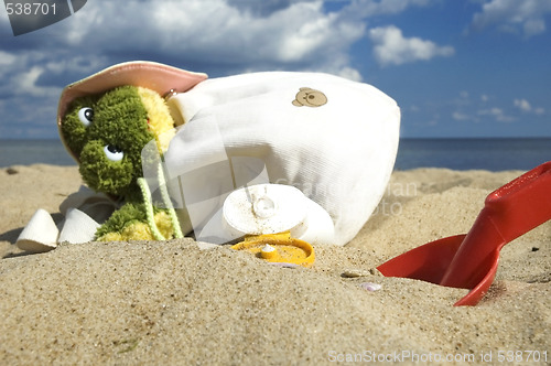 Image of childhood. beach items and sun block