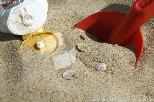 Image of childhood. beach items and sun block