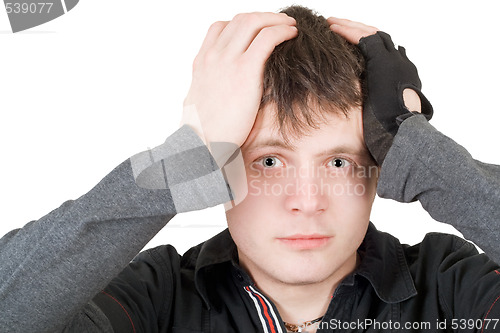 Image of The young man pressure a head. Isolated