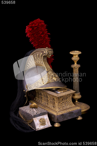 Image of  French helmet, inkstand and candlestick composition