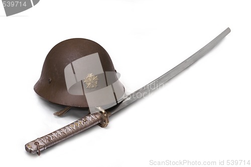 Image of Japanese sergeant's sword and battle helmet