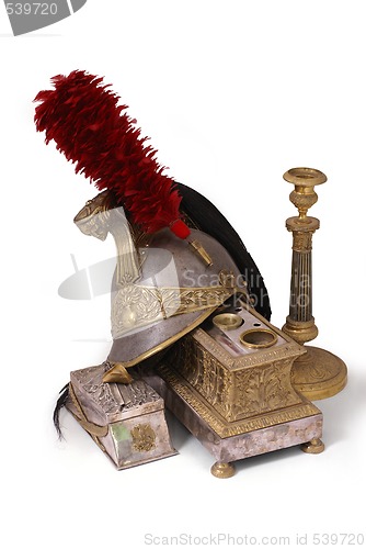 Image of Composition with French helmet, inkstand and candlestick