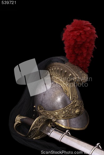 Image of Composition with saber (sabre) and French cuirassier helmet