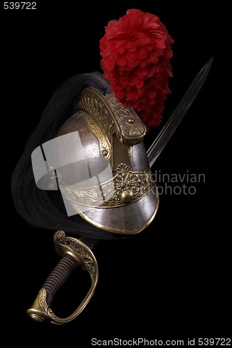Image of French saber (sabre) and cuirassier helmet