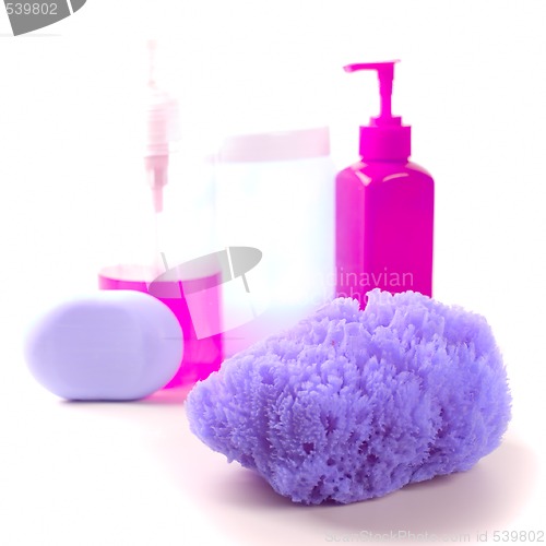 Image of sponge, soap and body lotion