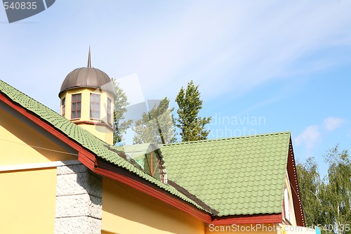 Image of yellow house with green roof