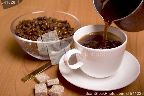 Image of cup of coffee, sugar and beans