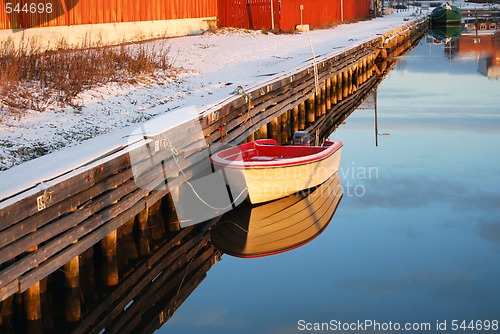 Image of Wooden Pier And Boat Reflected in Water