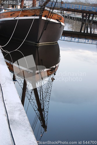 Image of Ships Bow Reflected in Water.