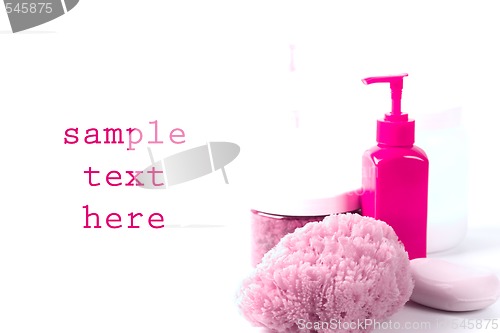 Image of sponge, soap and body lotion