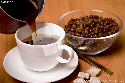 Image of cup of coffee, sugar and beans