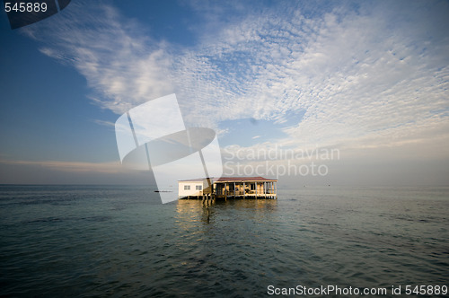 Image of restaurant building on stilts on sea Caribbean Nicaragua