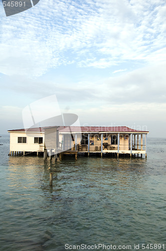 Image of restaurant building on stilts on sea Caribbean Nicaragua