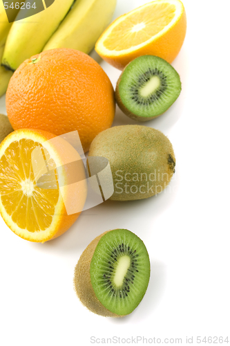 Image of kiwi, oranges and bananas