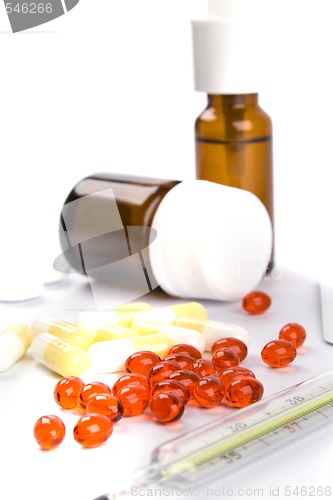 Image of thermometer and different pills 