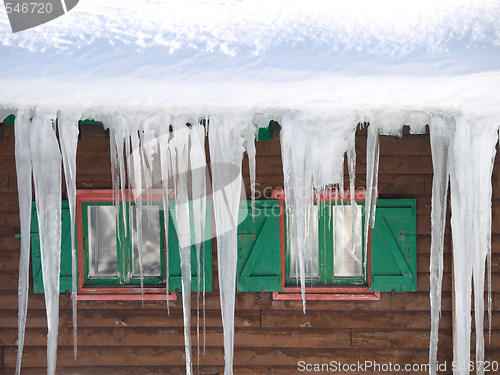 Image of Green wooden windows with  ice stalactites