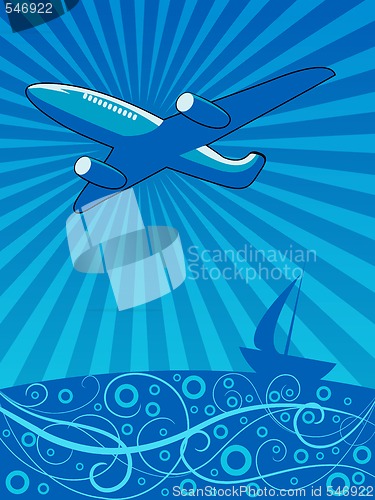Image of Air plane flying over the sea vector illustration