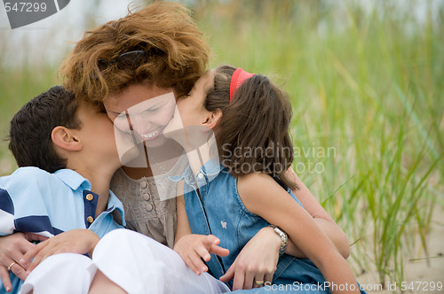 Image of Happy mother and kids on the beach