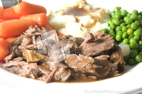 Image of pot roast dinner mashed potatoes carrots green peas