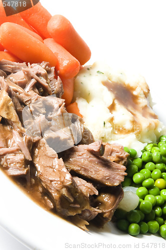 Image of pot roast dinner mashed potatoes carrots green peas